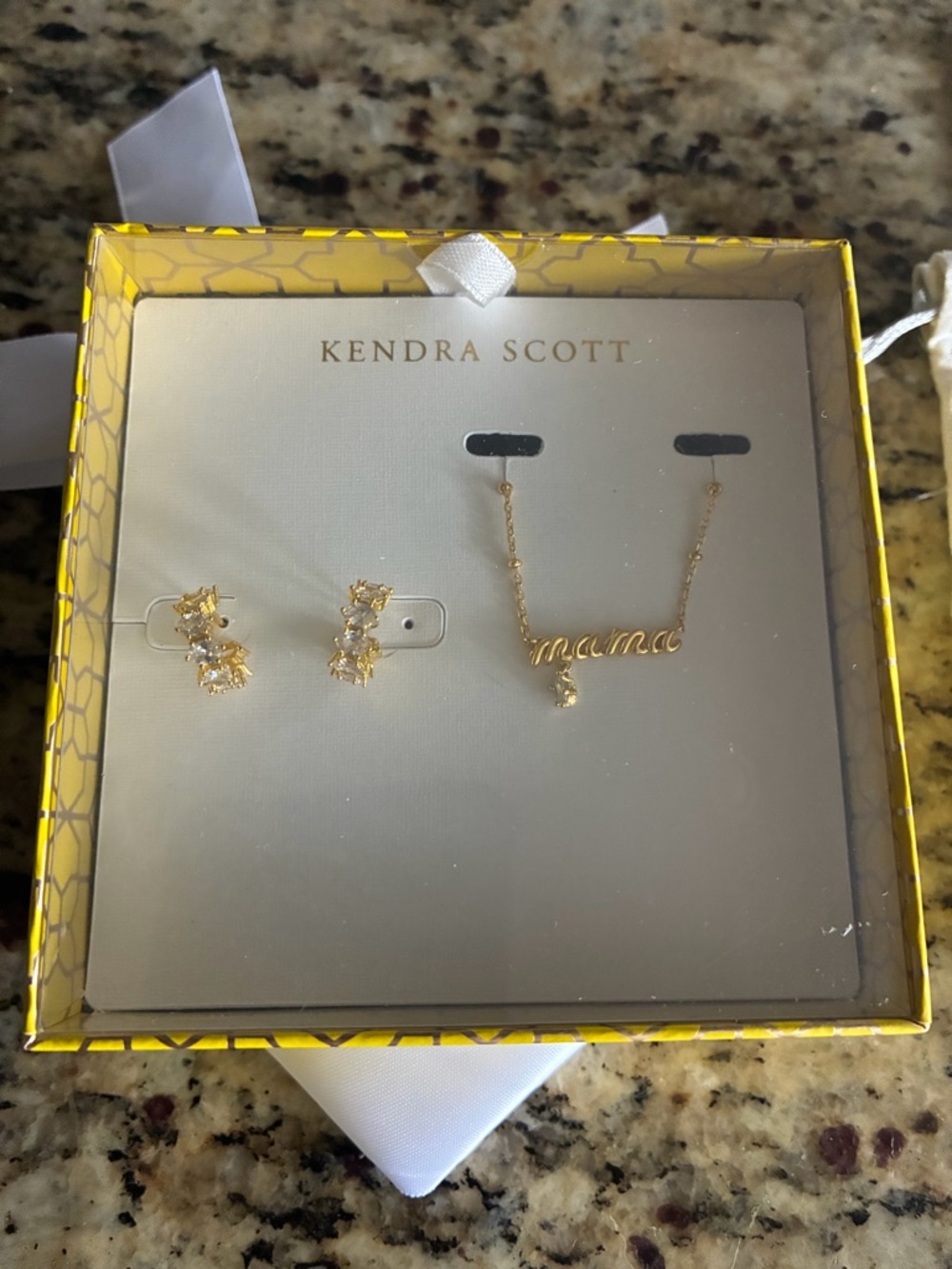 New in Box Kendra Scott gold “Mama” necklace and Cailin Huggies in crystals